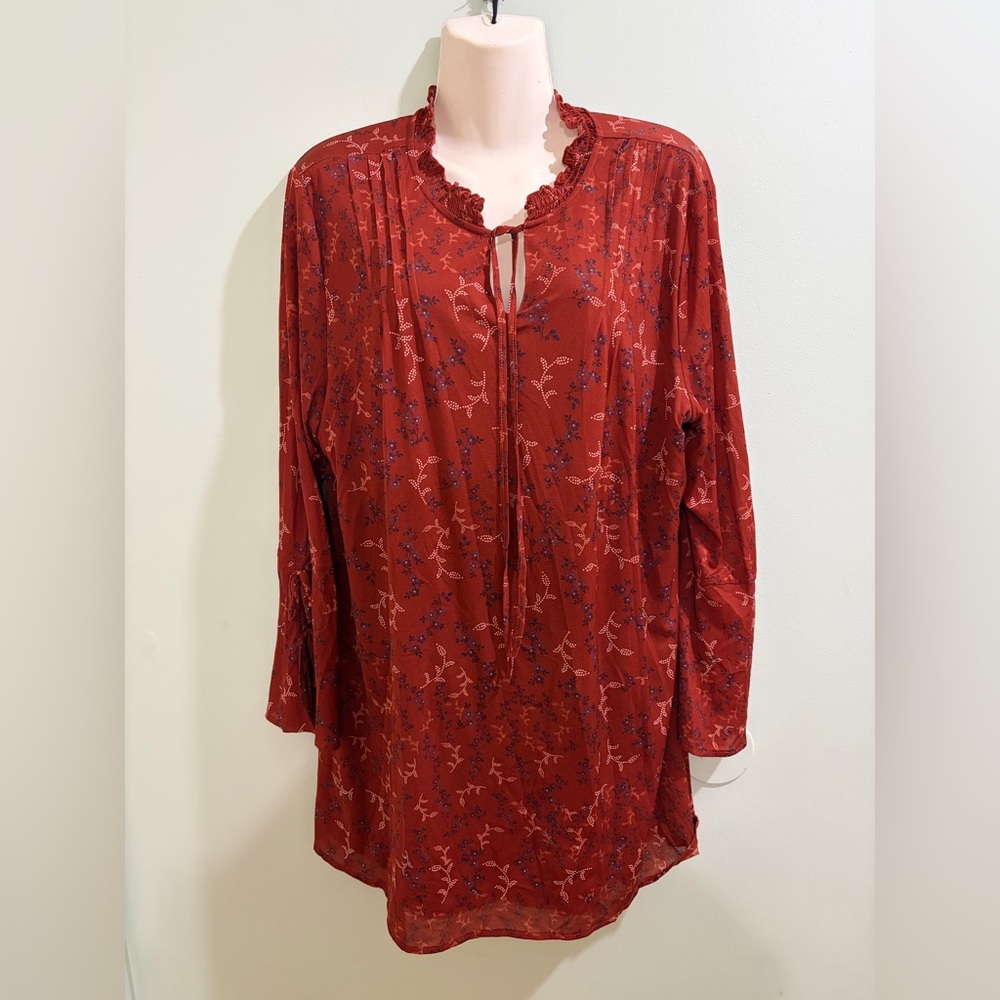 Style & Co. Red Floral Blouse Long Ruffle Sleeves Size XL